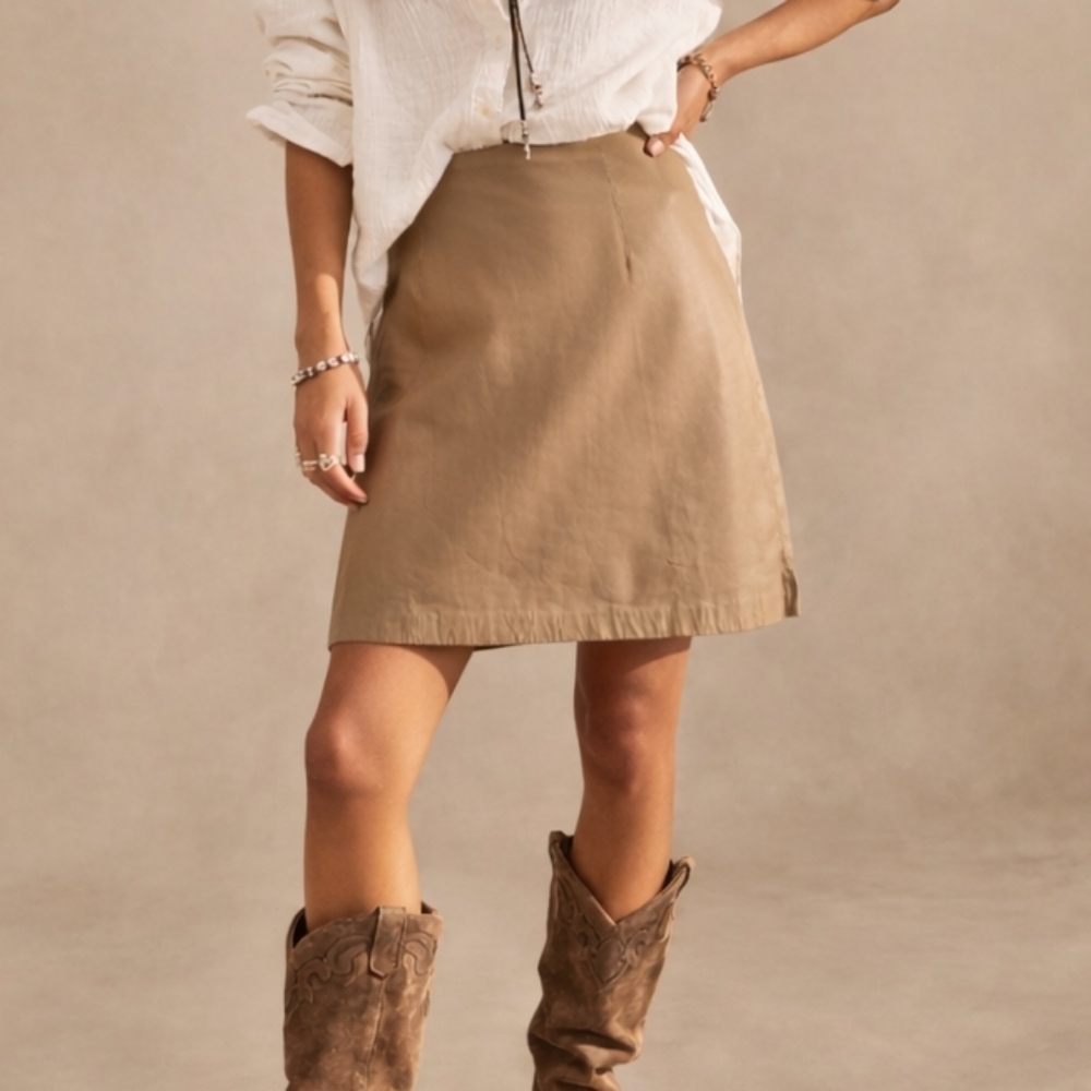 Jill Stuart Women's Tan 100% Leather A-Line Western Cowgirl Pencil Skirt M